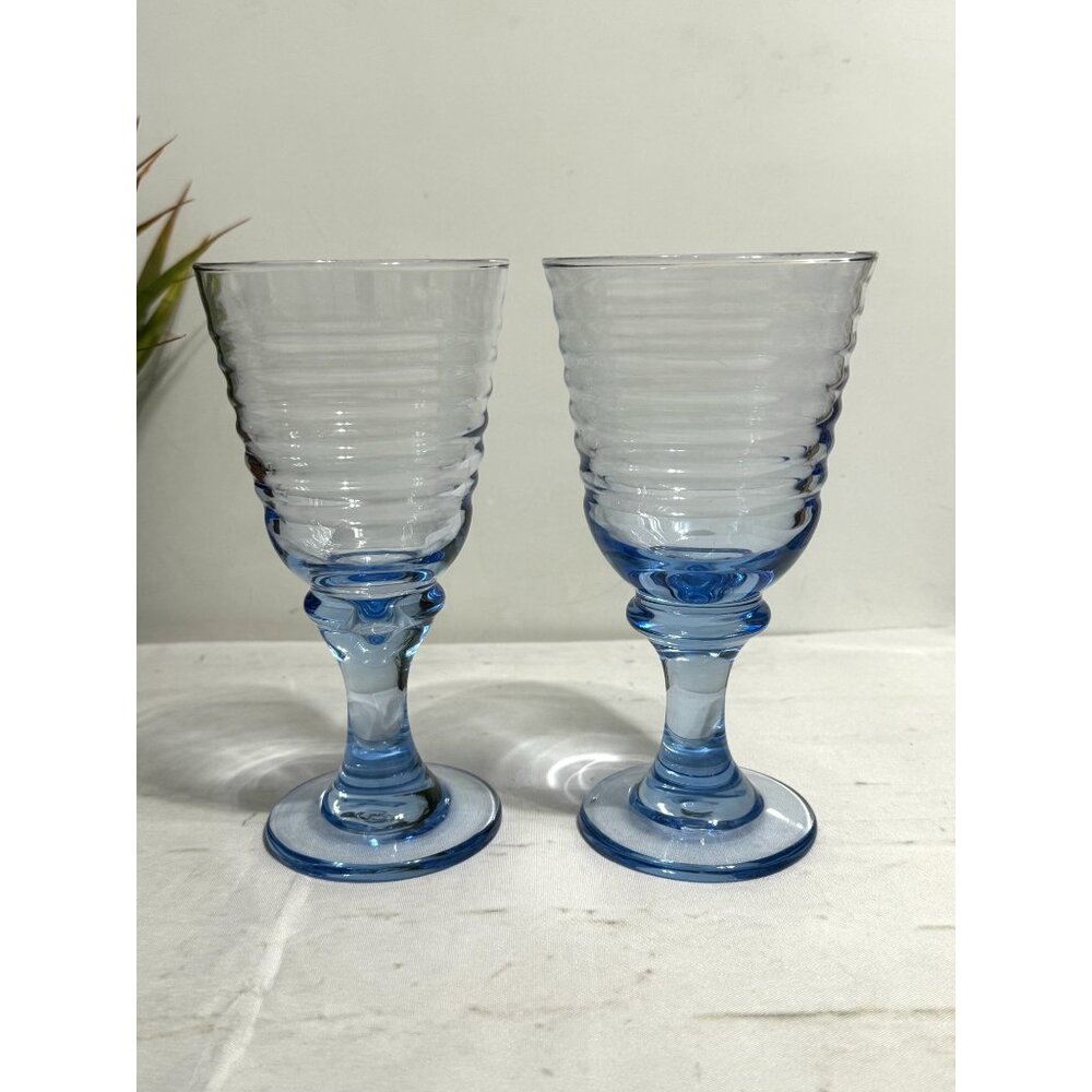 Set Of 2 Vintage Sirrus Blue Water Goblets By Libbey Heavy Glasses